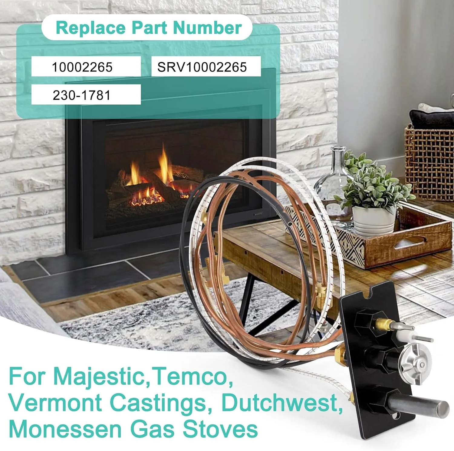 10002265 Propane Gas 3 Way Pilot Assembly Replacement Parts with Thermocouple Thermopile for Majestic, Temco, Vermont Castings, Dutchwest, Monessen Gas Stoves