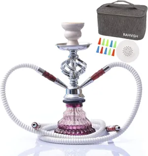 11-Inch Premium 2 Hose Hookah Set - Portable Design With Start Accessories and Gray Travel Bag (Pink)