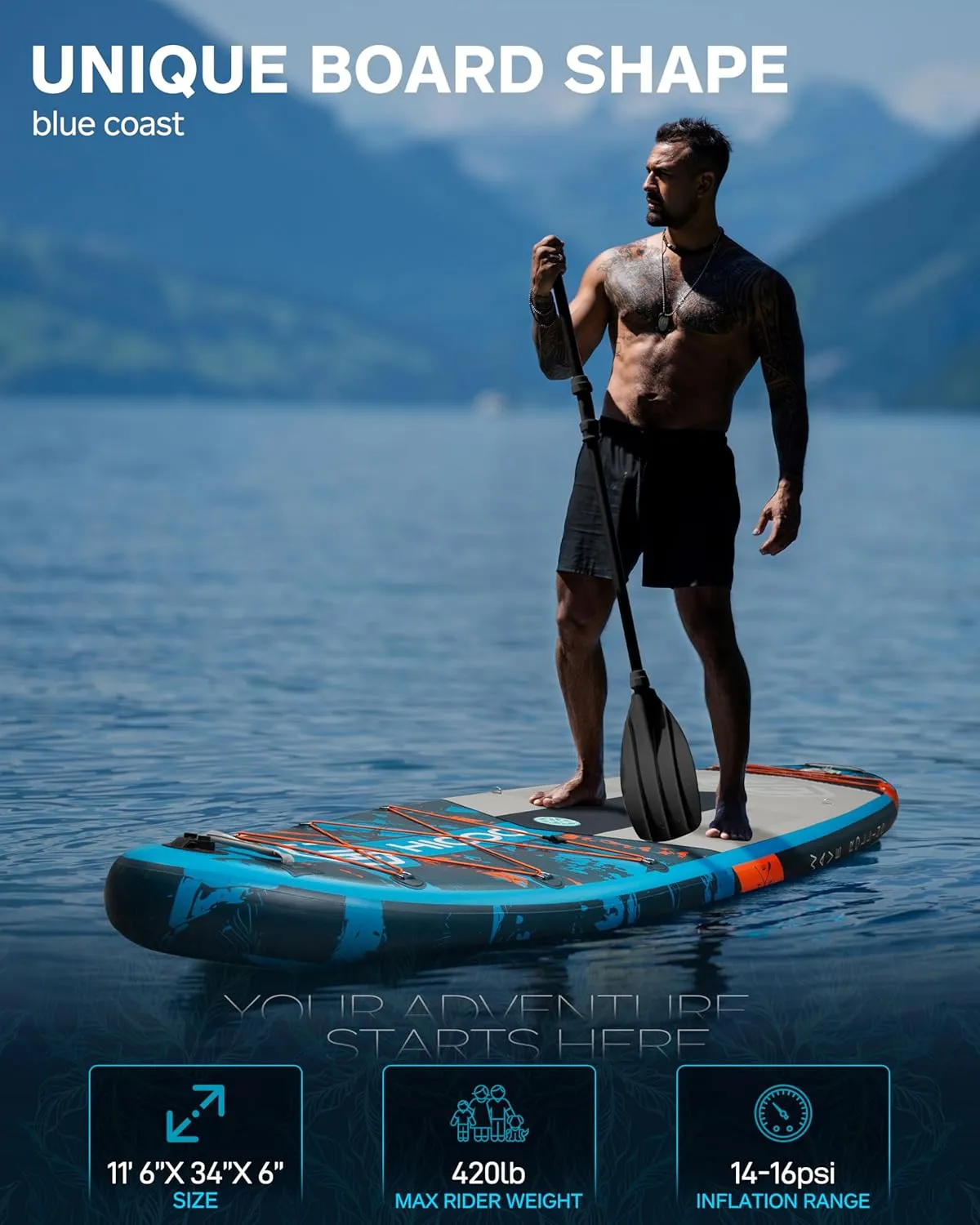 11'6''×34"×6" Extra Wide Inflatable Paddle Board, Stand Up Paddle Board, Sup Board with 3 Removable Fins, 10L Waterproof Bag, 16 D-Rings, Backpack, Hand Pump, Floating Paddle, Safety Leash