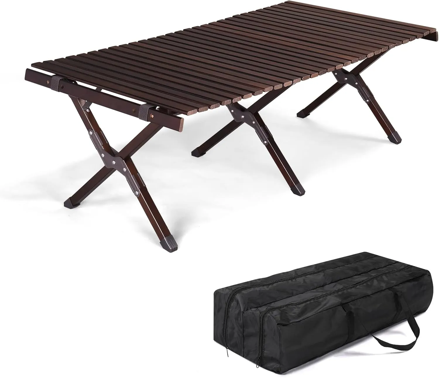 120X60X40cm Wooden Camping Roll Table, Portable Outdoor Folding Table for Camping, RV, Fishing, and Picnic, Dark Walnut