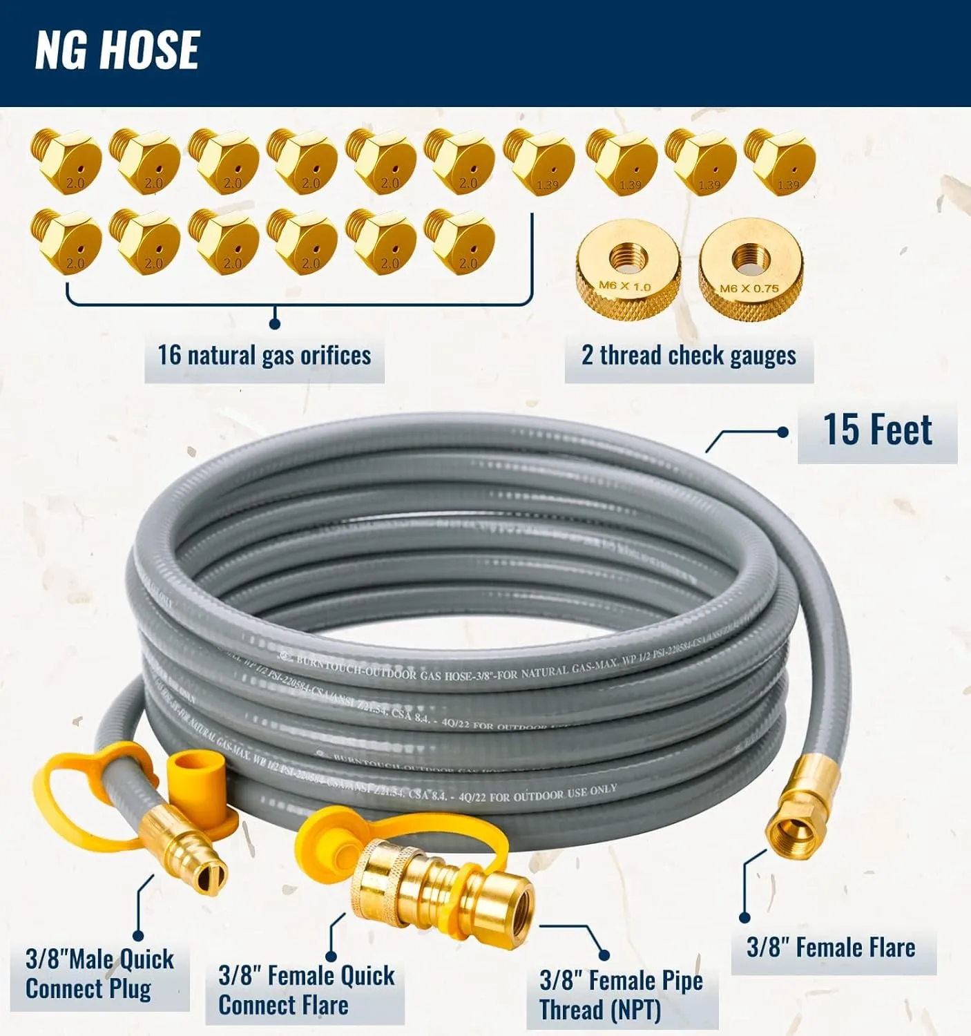 15 Feet 5249 Propane to Natural Gas Conversion Kit for Blackstone 28”, 36” Griddle, 3/8 inch ID Natural Gas Hose Compatible for Tailgater, Rangetop Combo & Single Burner Rec Stove