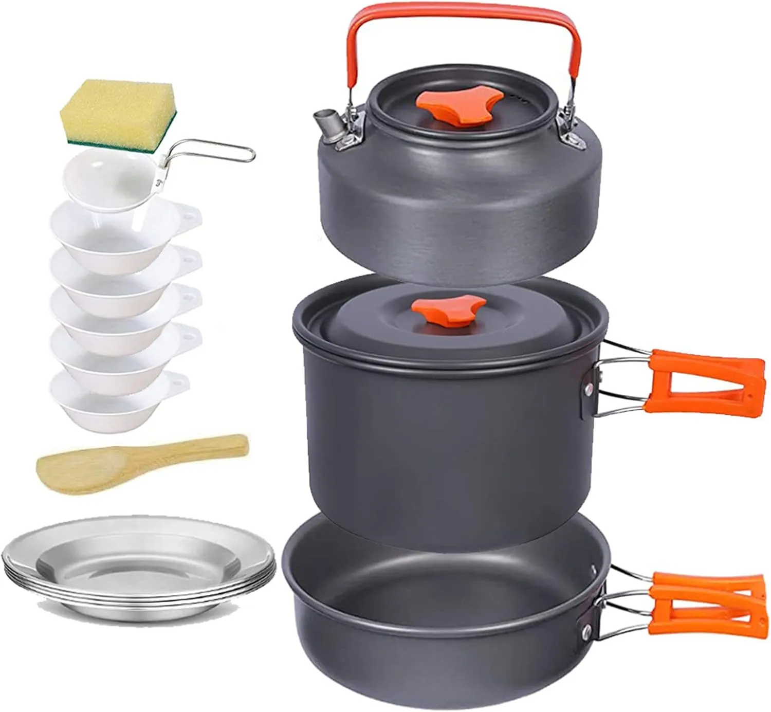 15PCS Camping Cookware Mess Kit 4-5 Person Campfire Outdoor Hiking Backpacking Picnic Cooking Stainless Steel Pot Pan Bowl Spoon Set