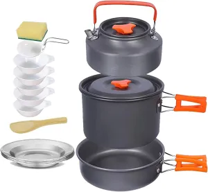 15PCS Camping Cookware Mess Kit 4-5 Person Campfire Outdoor Hiking Backpacking Picnic Cooking Stainless Steel Pot Pan Bowl Spoon Set