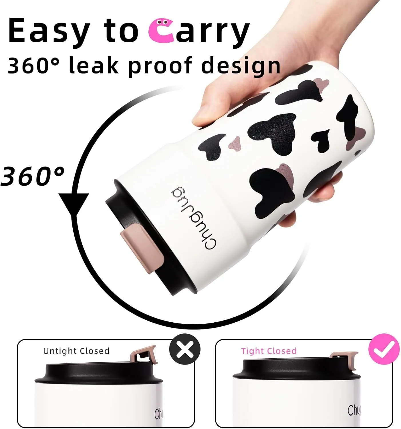 16 oz Cow Print Travel Coffee Mug with Ceramic Coating, Leak-Proof Insulated Coffee Tumbler with Lid, Double Wall Vacuum Stainless Steel Travel Mug, Reusable Thermal Cup for Hot& Cold Drinks