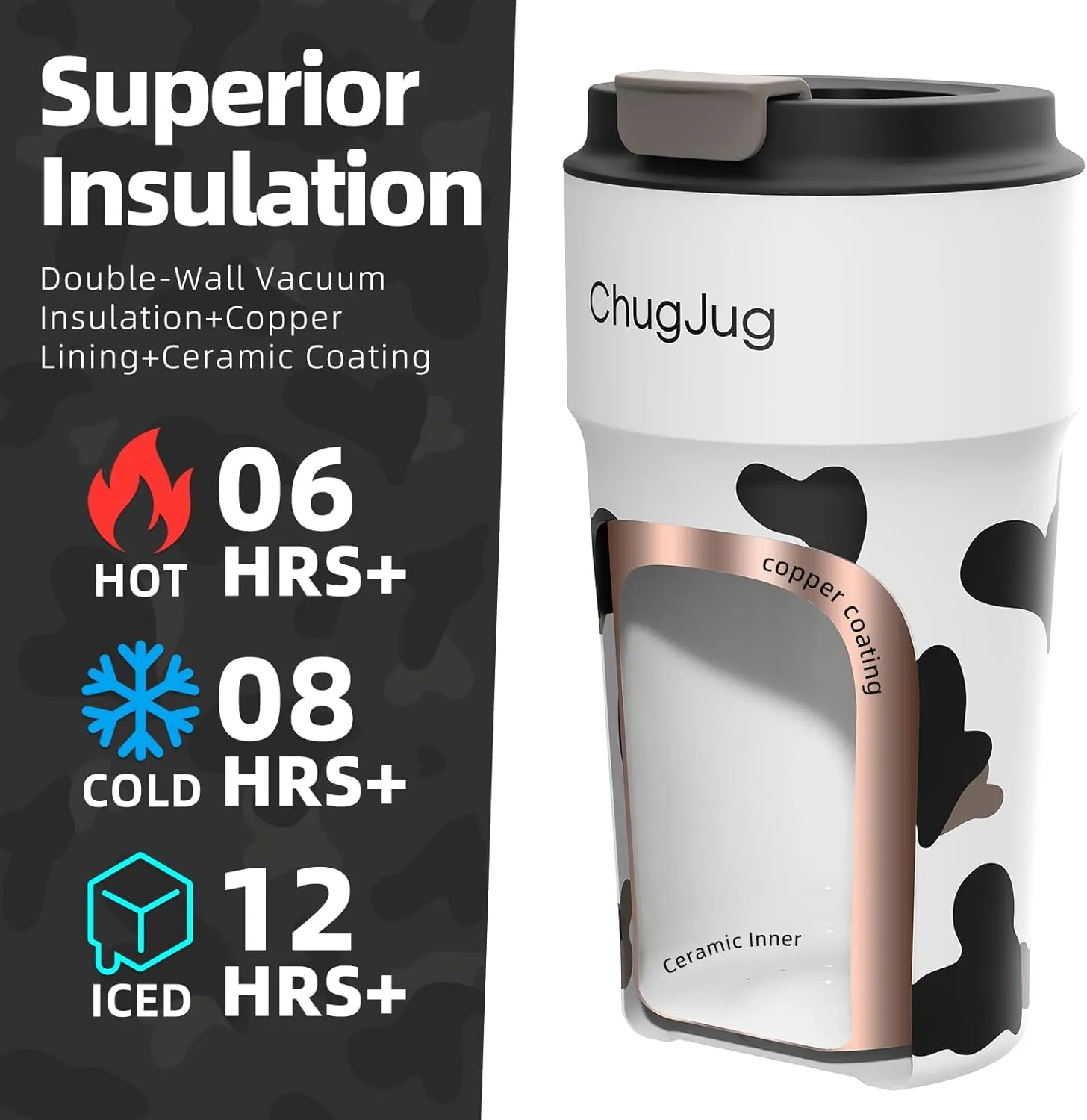 16 oz Cow Print Travel Coffee Mug with Ceramic Coating, Leak-Proof Insulated Coffee Tumbler with Lid, Double Wall Vacuum Stainless Steel Travel Mug, Reusable Thermal Cup for Hot& Cold Drinks