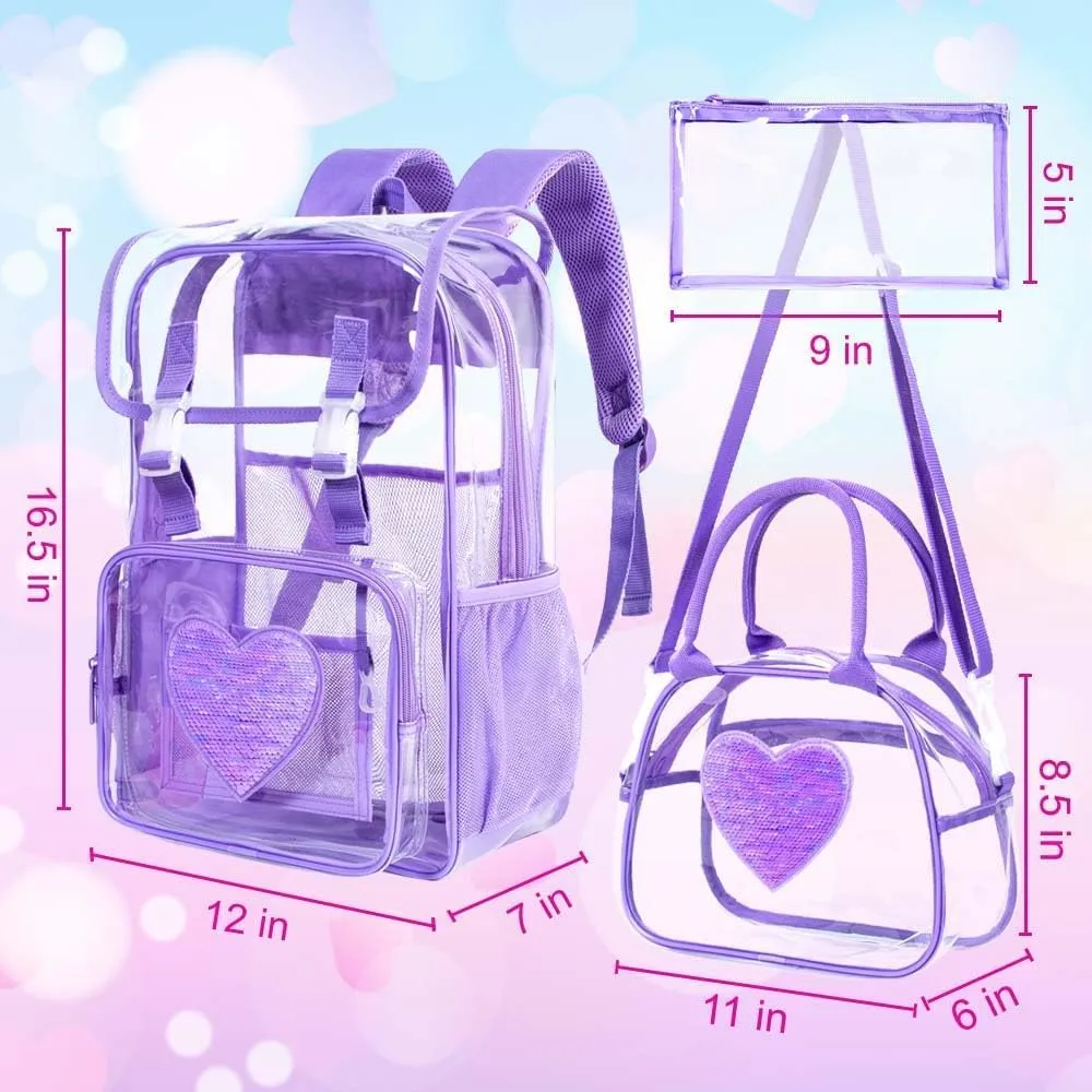 17" Sequin Clear Backpack for Girls - 3Pcs Sparkle Flip Design Stadium Approved Set, Waterproof Campus/School Transparent Bookbag (Purple)