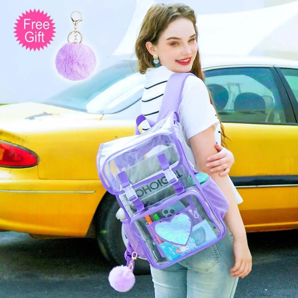 17" Sequin Clear Backpack for Girls - 3Pcs Sparkle Flip Design Stadium Approved Set, Waterproof Campus/School Transparent Bookbag (Purple)