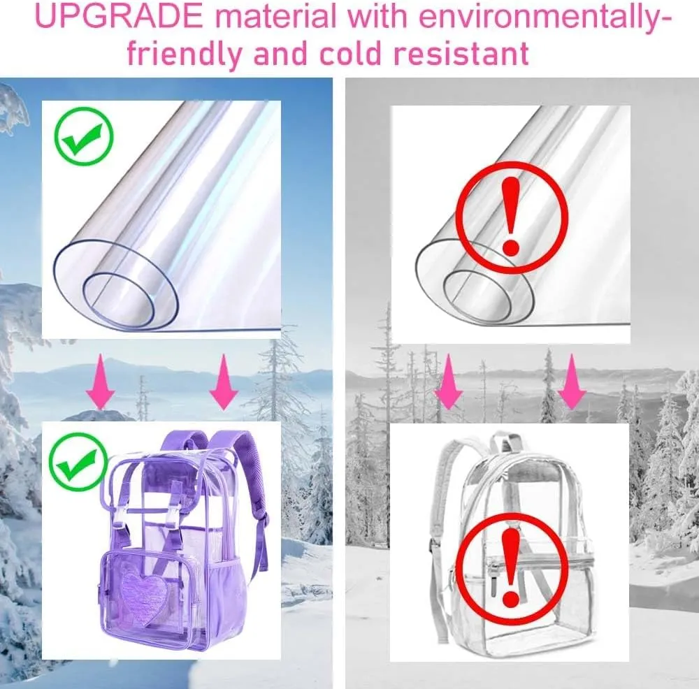 17" Sequin Clear Backpack for Girls - 3Pcs Sparkle Flip Design Stadium Approved Set, Waterproof Campus/School Transparent Bookbag (Purple)