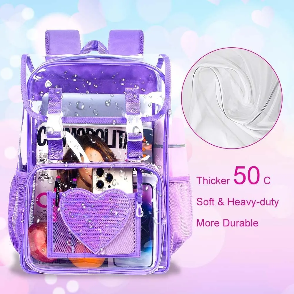 17" Sequin Clear Backpack for Girls - 3Pcs Sparkle Flip Design Stadium Approved Set, Waterproof Campus/School Transparent Bookbag (Purple)