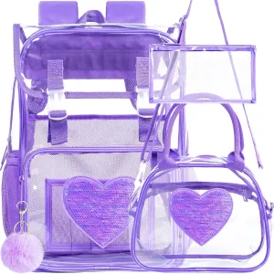 17" Sequin Clear Backpack for Girls - 3Pcs Sparkle Flip Design Stadium Approved Set, Waterproof Campus/School Transparent Bookbag (Purple)