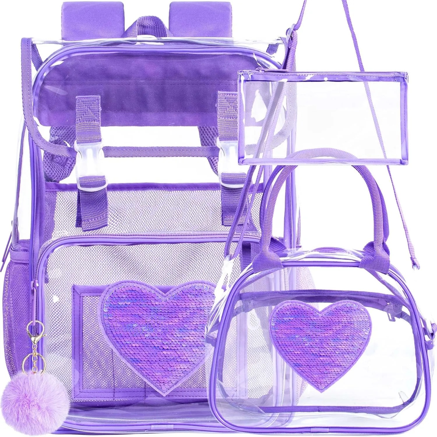 17" Sequin Clear Backpack for Girls - 3Pcs Sparkle Flip Design Stadium Approved Set, Waterproof Campus/School Transparent Bookbag (Purple)