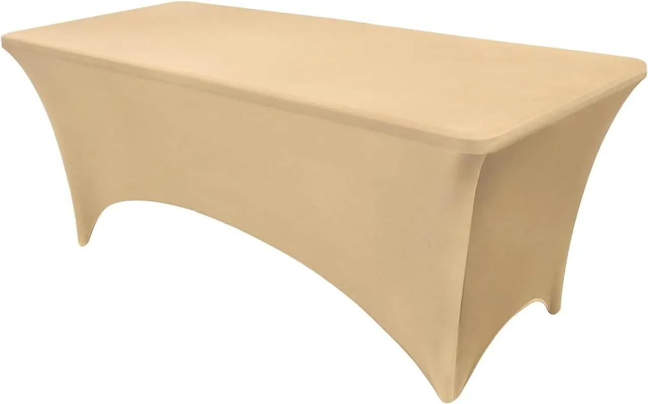 1PCS Fitted Tablecloth Black Table Clothes for 8 Foot Rectangle Table Bed Table Cover, Stretch Wrinkle Free Table Covers for Party,Events, Wedding, Birthday, Banquet, Vendor (Beige)