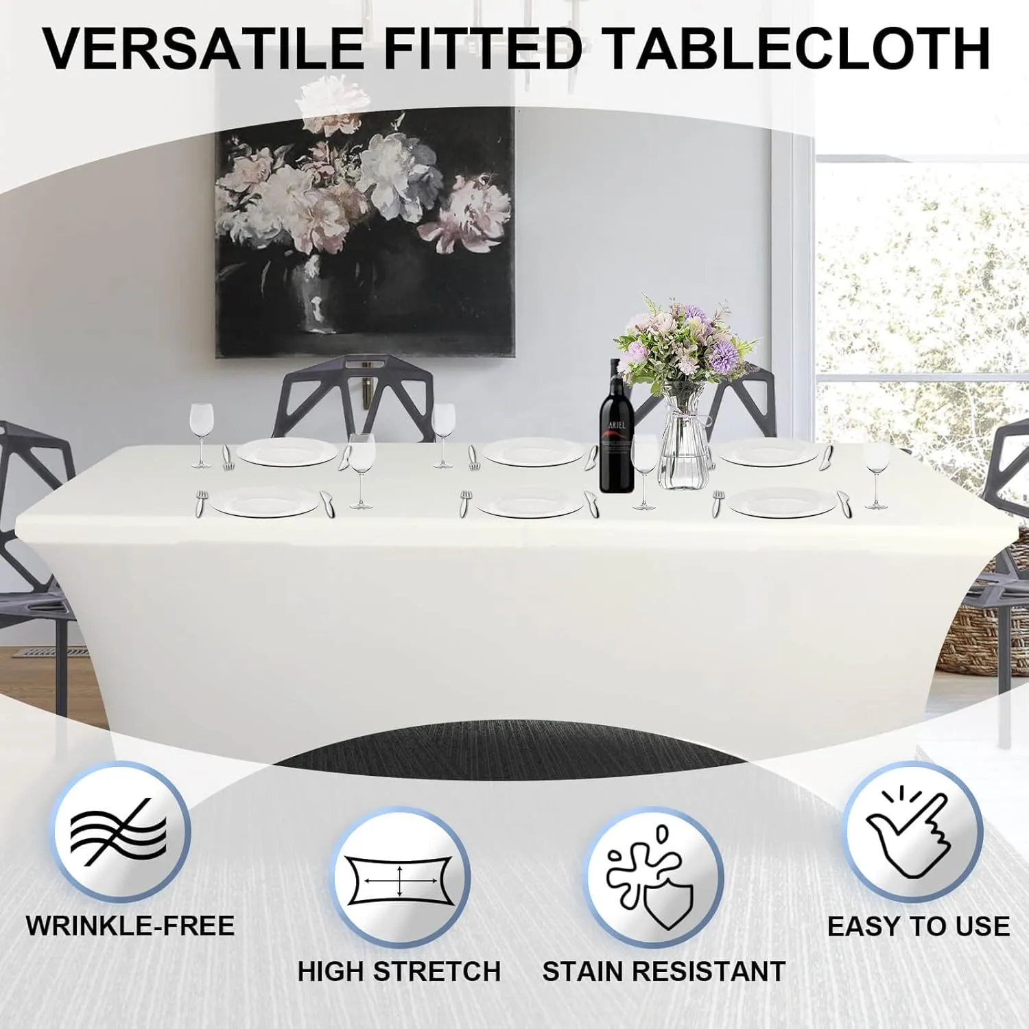 1PCS Fitted Tablecloth Black Table Clothes for 8 Foot Rectangle Table Bed Table Cover, Stretch Wrinkle Free Table Covers for Party,Events, Wedding, Birthday, Banquet, Vendor (Beige)