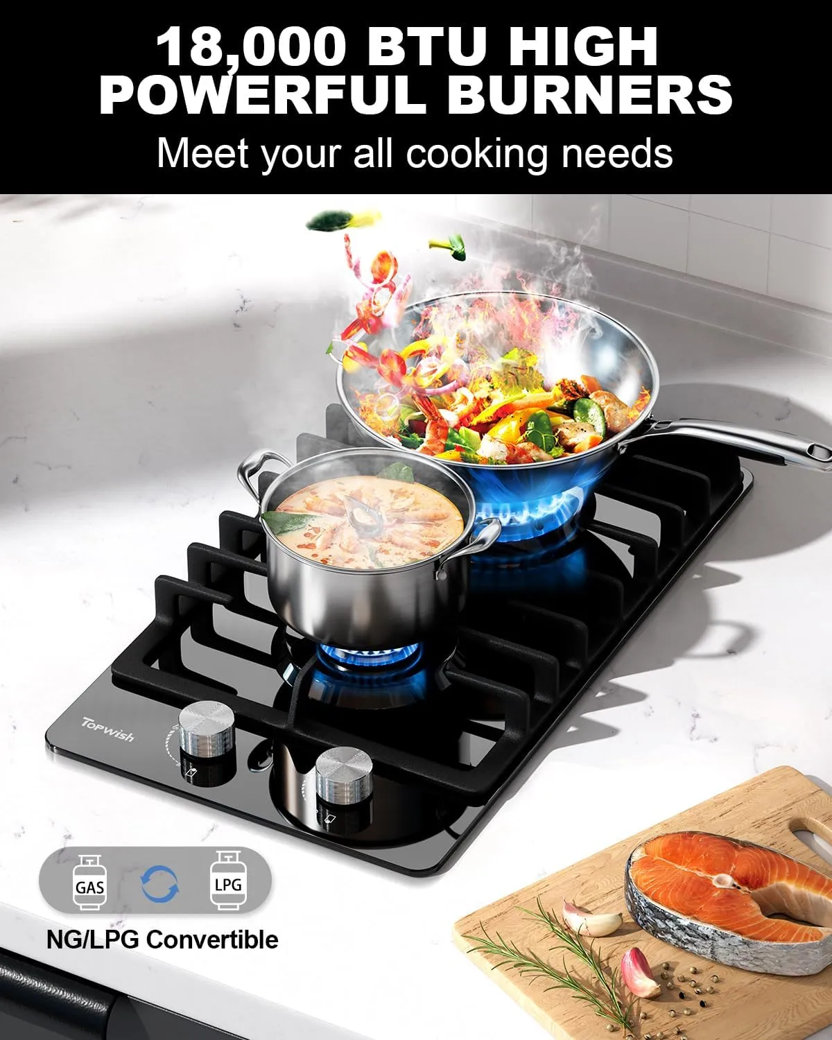 2 Burner Propane Gas Cooktop Black Tempered Glass, 12 Inch Built-in NG/LPG Convertible Gas Stove Top, 18,000BTU Gas Hob with Flame-out Protection for Kitchen, Apartment，RV,110V