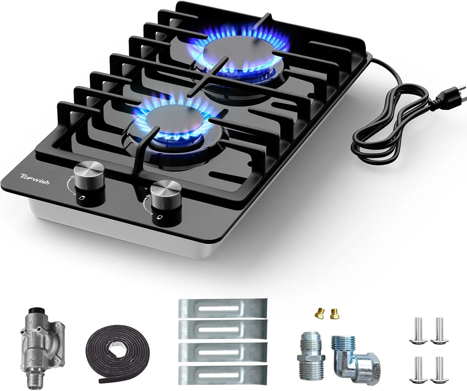 2 Burner Propane Gas Cooktop Black Tempered Glass, 12 Inch Built-in NG/LPG Convertible Gas Stove Top, 18,000BTU Gas Hob with Flame-out Protection for Kitchen, Apartment，RV,110V