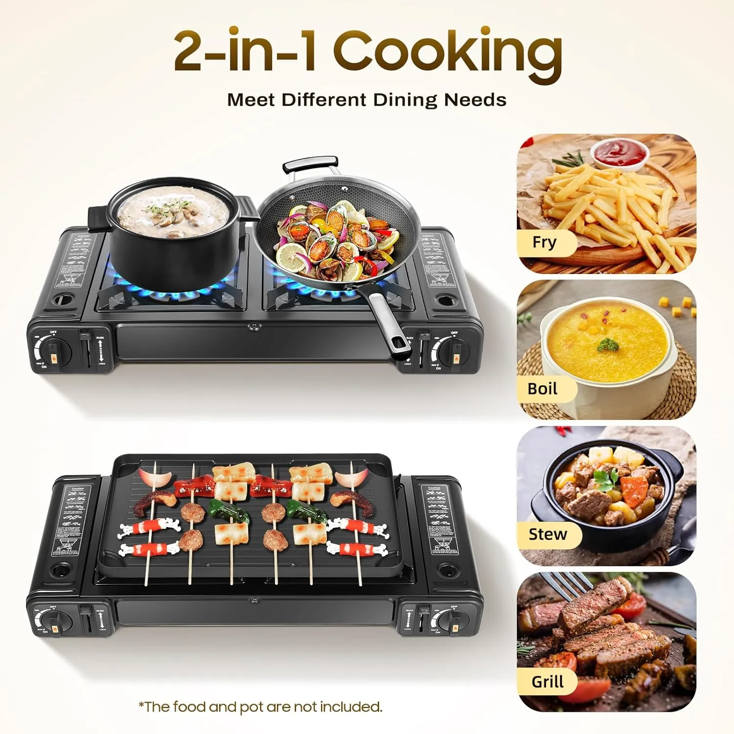 2 Burners Portable Camping Stove with Grill Pan, BDZ-180A Double Burners Outdoor Propane Camping Stove Butane Stove Butane Burner Emergency Cooking Stove Perfect for Camping, Hiking