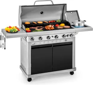 2 in 1 Propane Griddle Grill Combo, 6-Burner Propane Gas BBQ Grill with Porcelain-Enameled Cast Iron Grates & Plate, 42,000 BTU Combo Grill with Side Stove for Outdoor Cooking Camping Patio Backyard