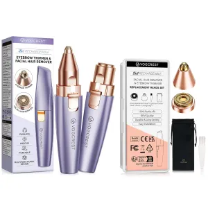 2 in1 Trimmer with Replacement Heads - Rechargeable Facial Hair Removal and Eyebrow Shaver - Face Lips Body Painless Facial Razor with Built-in LED Light (Solar Purple)