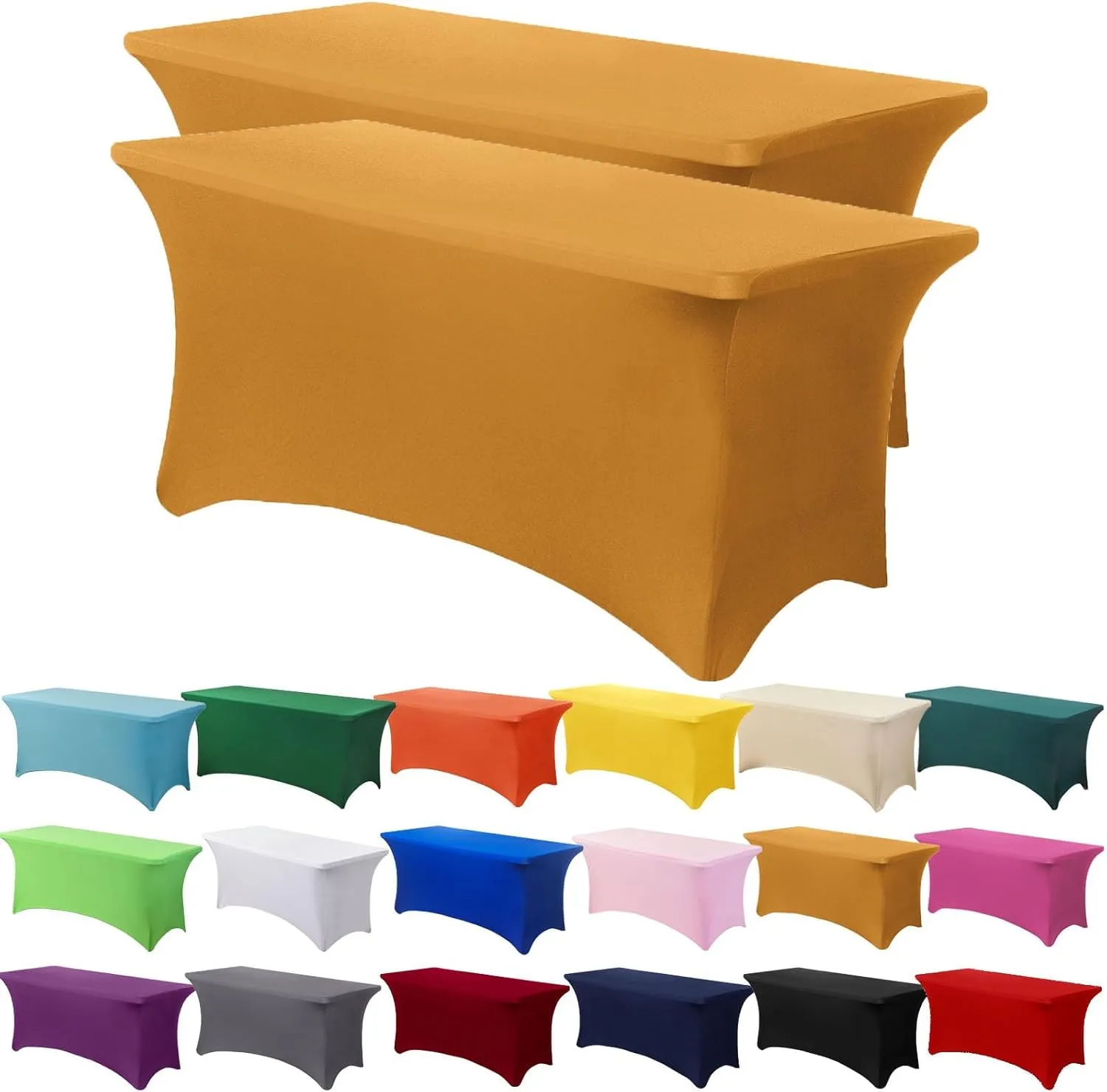 2 Pack 6ft Stretch Spandex Gold Table Cover for Standard Folding Tables - Universal Rectangular Fitted Tablecloth Protector for Wedding, Banquet and Party