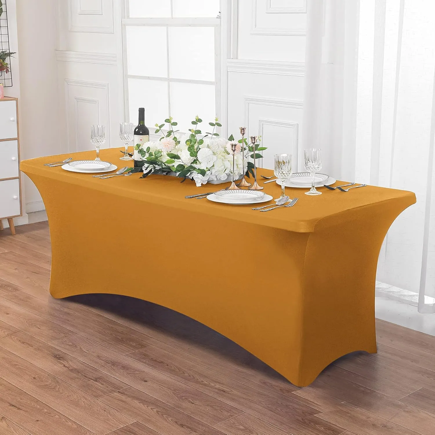 2 Pack 6ft Stretch Spandex Gold Table Cover for Standard Folding Tables - Universal Rectangular Fitted Tablecloth Protector for Wedding, Banquet and Party