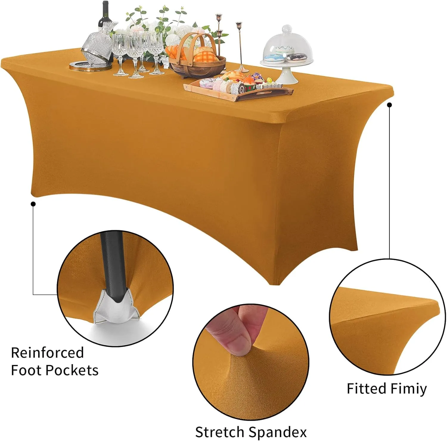 2 Pack 6ft Stretch Spandex Gold Table Cover for Standard Folding Tables - Universal Rectangular Fitted Tablecloth Protector for Wedding, Banquet and Party