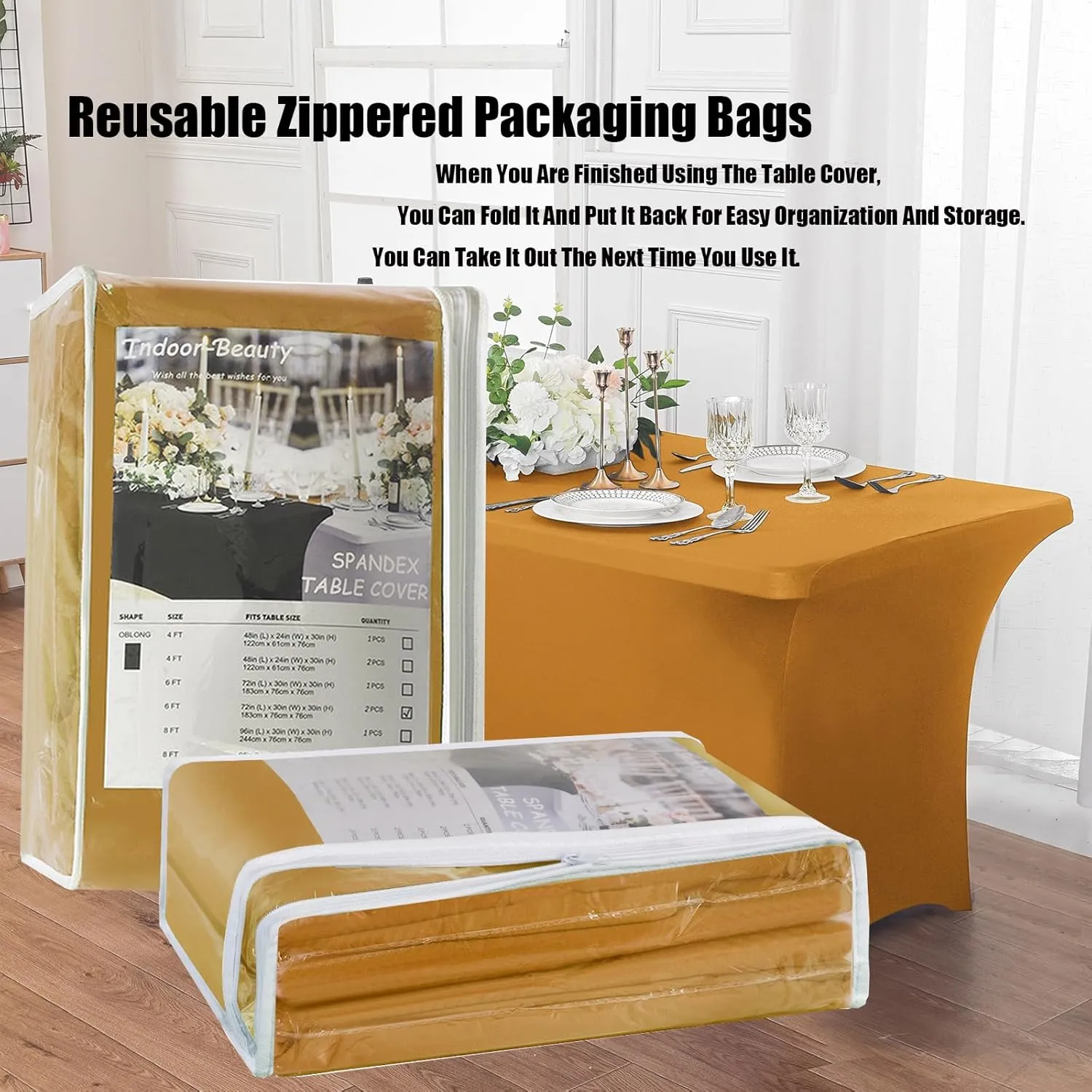 2 Pack 6ft Stretch Spandex Gold Table Cover for Standard Folding Tables - Universal Rectangular Fitted Tablecloth Protector for Wedding, Banquet and Party