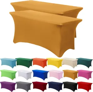 2 Pack 6ft Stretch Spandex Gold Table Cover for Standard Folding Tables - Universal Rectangular Fitted Tablecloth Protector for Wedding, Banquet and Party