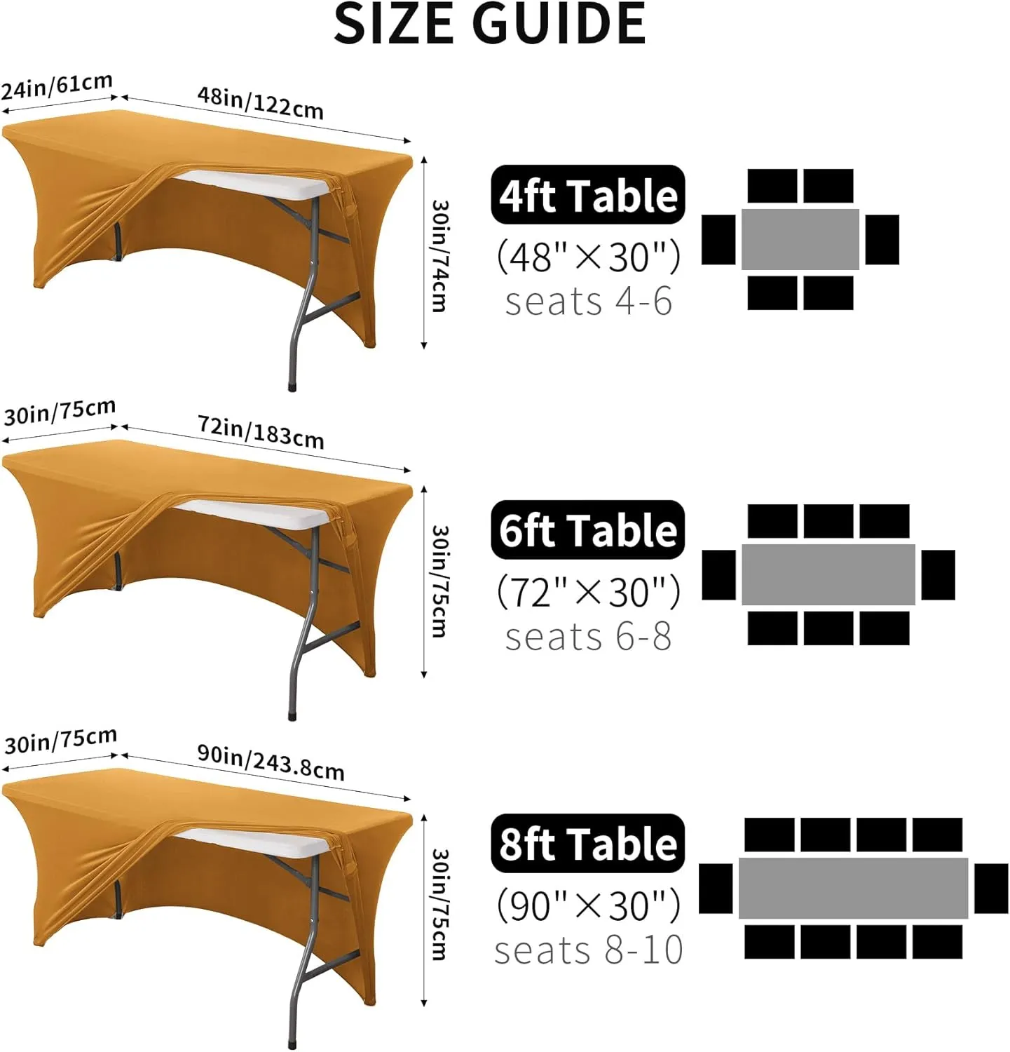 2 Pack 6ft Stretch Spandex Gold Table Cover for Standard Folding Tables - Universal Rectangular Fitted Tablecloth Protector for Wedding, Banquet and Party