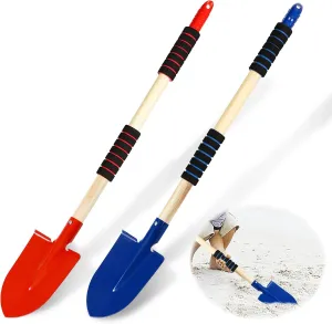 2 Pack Metal Beach Shovels for Kids, Toddler Sand Shovel for Digging with Wood Handle and Soft Grip, 28" Small Sand Shovels Spade Children Beach Play Toys for Digging Sandbox