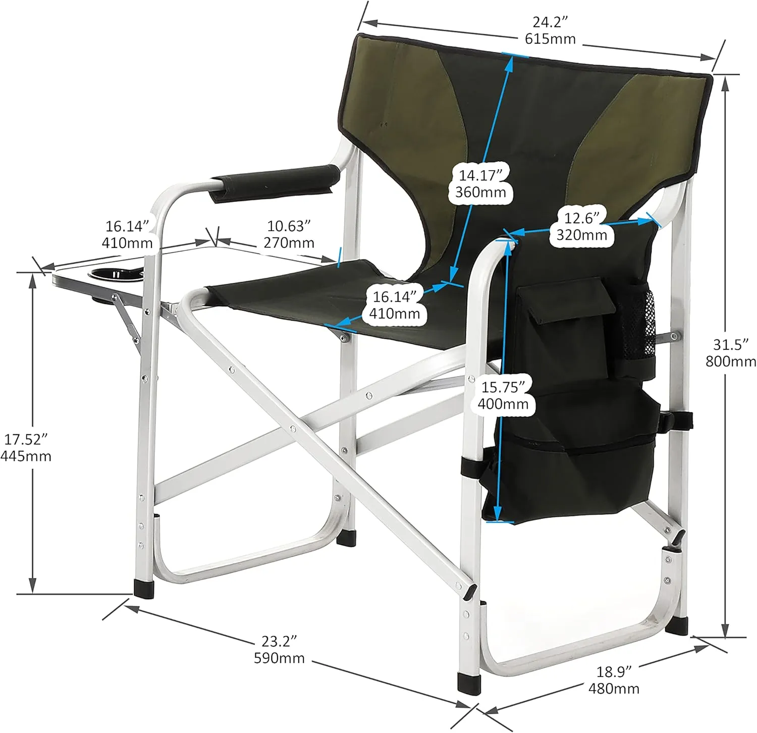 2 PCS XXL Oversized Folding Camping Chair, Portable Aluminum Directors Chair with Side Table & Storage Pocket, Lawn Chairs for Fishing,Trip,Picnic,Lawn,Concert Outdoor, Green