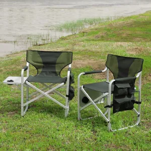 2 PCS XXL Oversized Folding Camping Chair, Portable Aluminum Directors Chair with Side Table & Storage Pocket, Lawn Chairs for Fishing,Trip,Picnic,Lawn,Concert Outdoor, Green