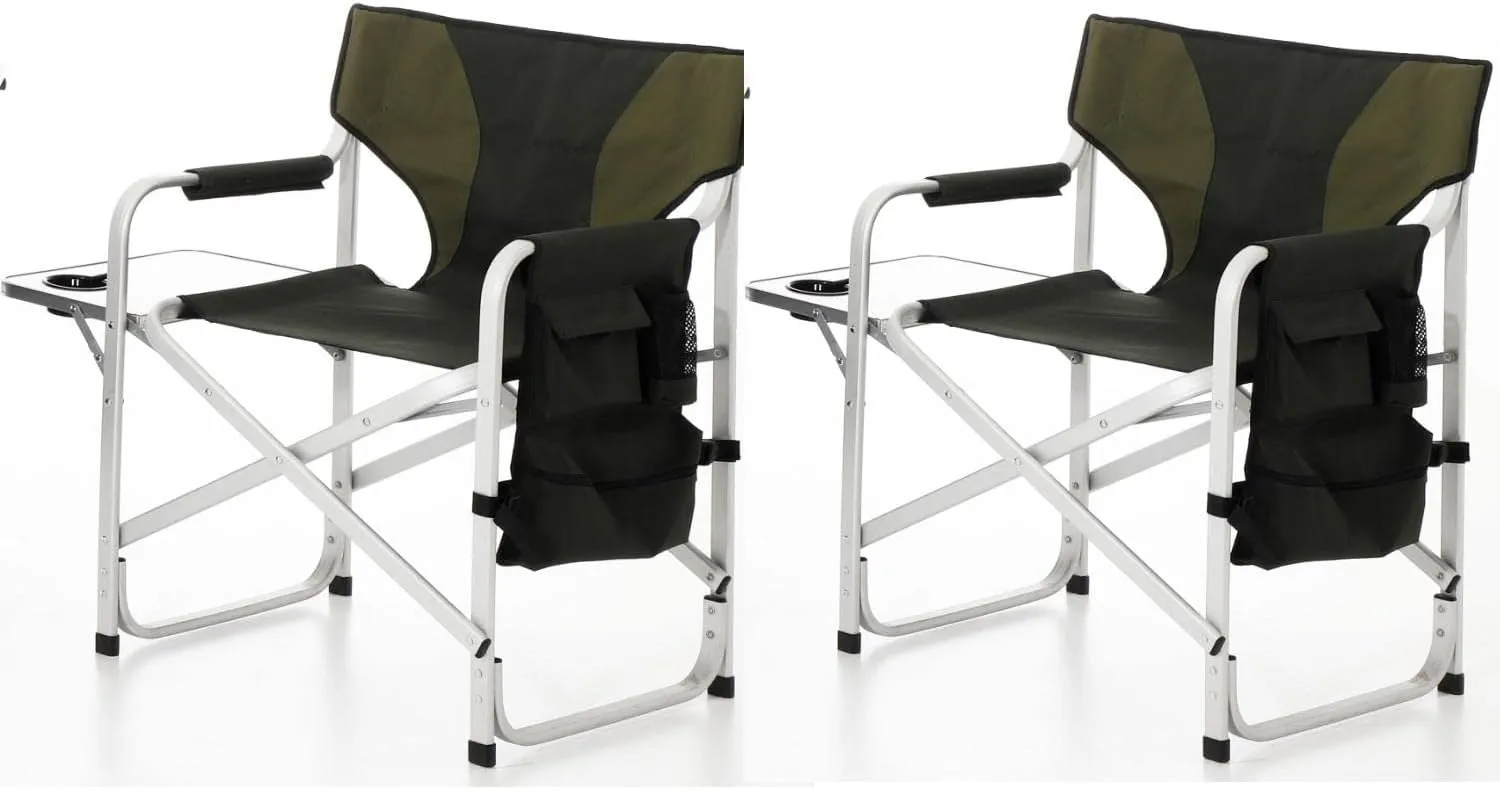 2 PCS XXL Oversized Folding Camping Chair, Portable Aluminum Directors Chair with Side Table & Storage Pocket, Lawn Chairs for Fishing,Trip,Picnic,Lawn,Concert Outdoor, Green