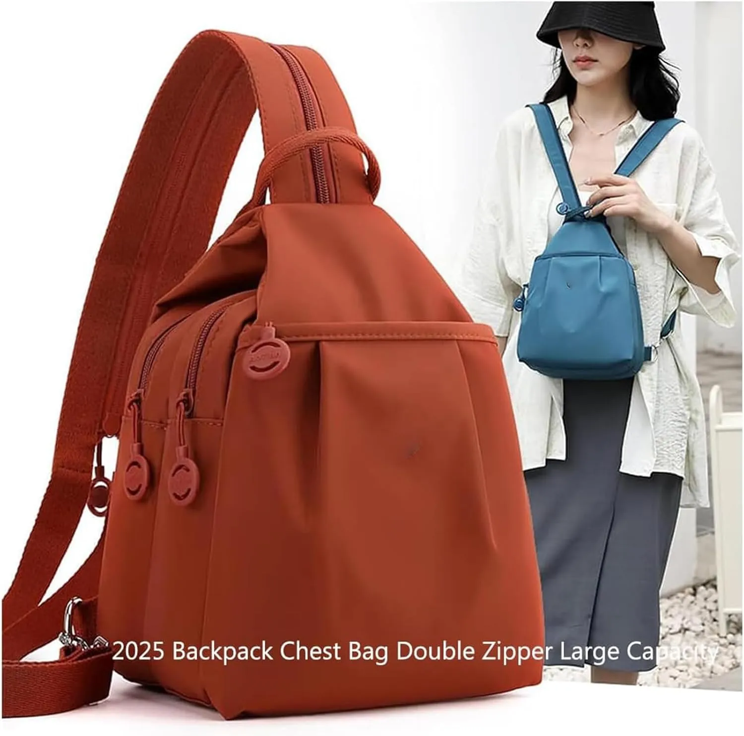 2025 Backpack Chest Bag Double Zipper Large Capacity, Multi-layer Waterproof Oxford Fabric, Adjustable Shoulder Strap (Red)