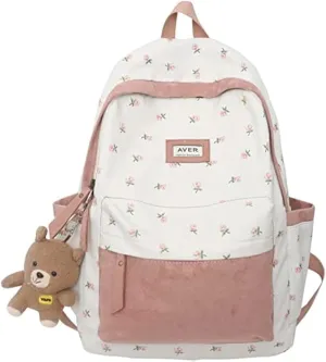 2025 Cute Preppy Bag Floral Printed Kawaii Backpack Cottagecore Aesthetic Backpack Laptop Daypack (Pink)