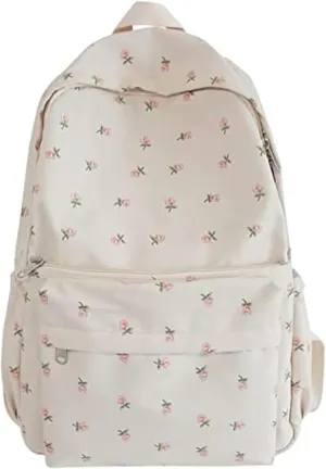 2025 Cute Preppy Bag Floral Printed Kawaii Backpack Cottagecore Aesthetic Backpack Laptop Daypack (White)