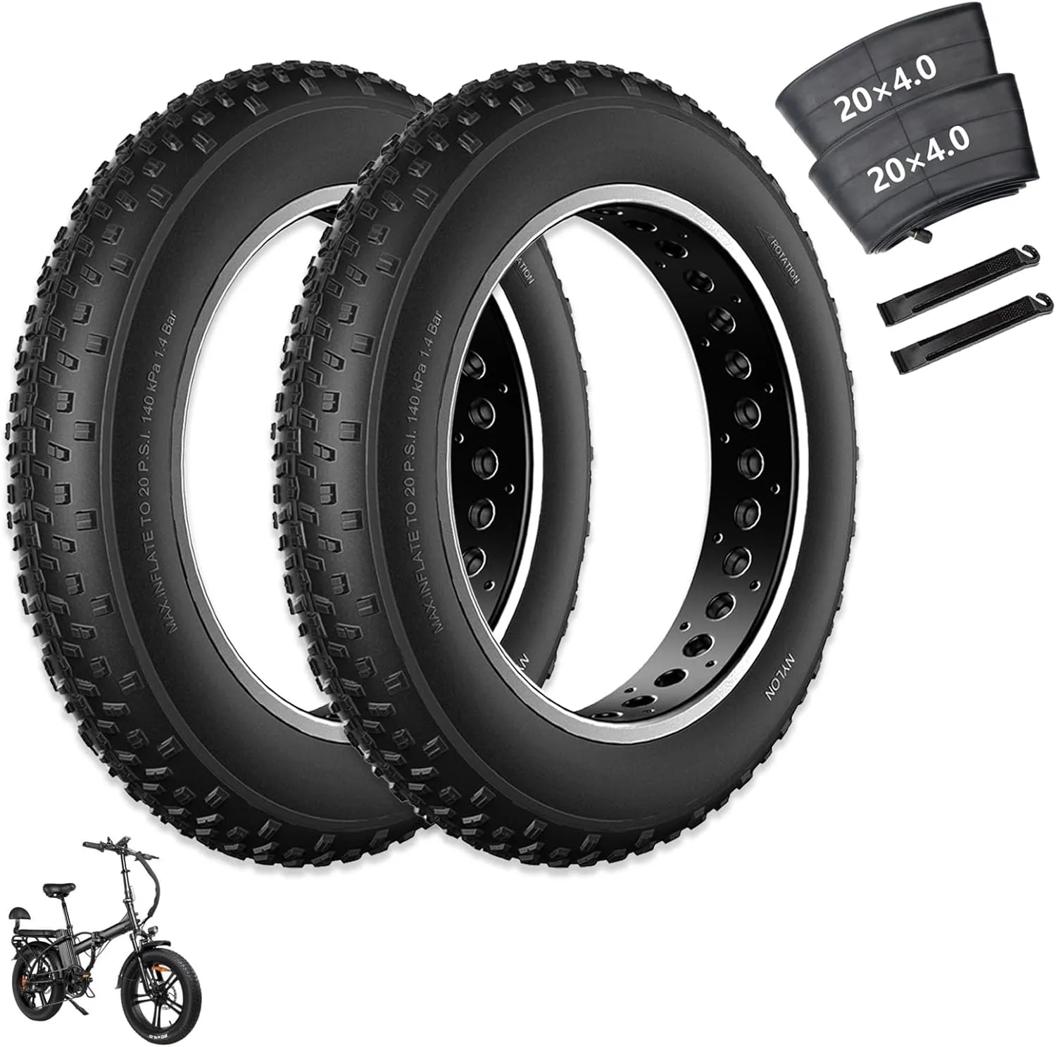20x4 /26x4 Fat Bike Tire Replacement Kit, 20x4.0 /26x4.0 Inch Electric Bicycle Snow Mountain E-Bike Tires, Folding Ebike Fat Tire Tubes and Tire Levers Compatible Wide Mountain Snow Bike Tires