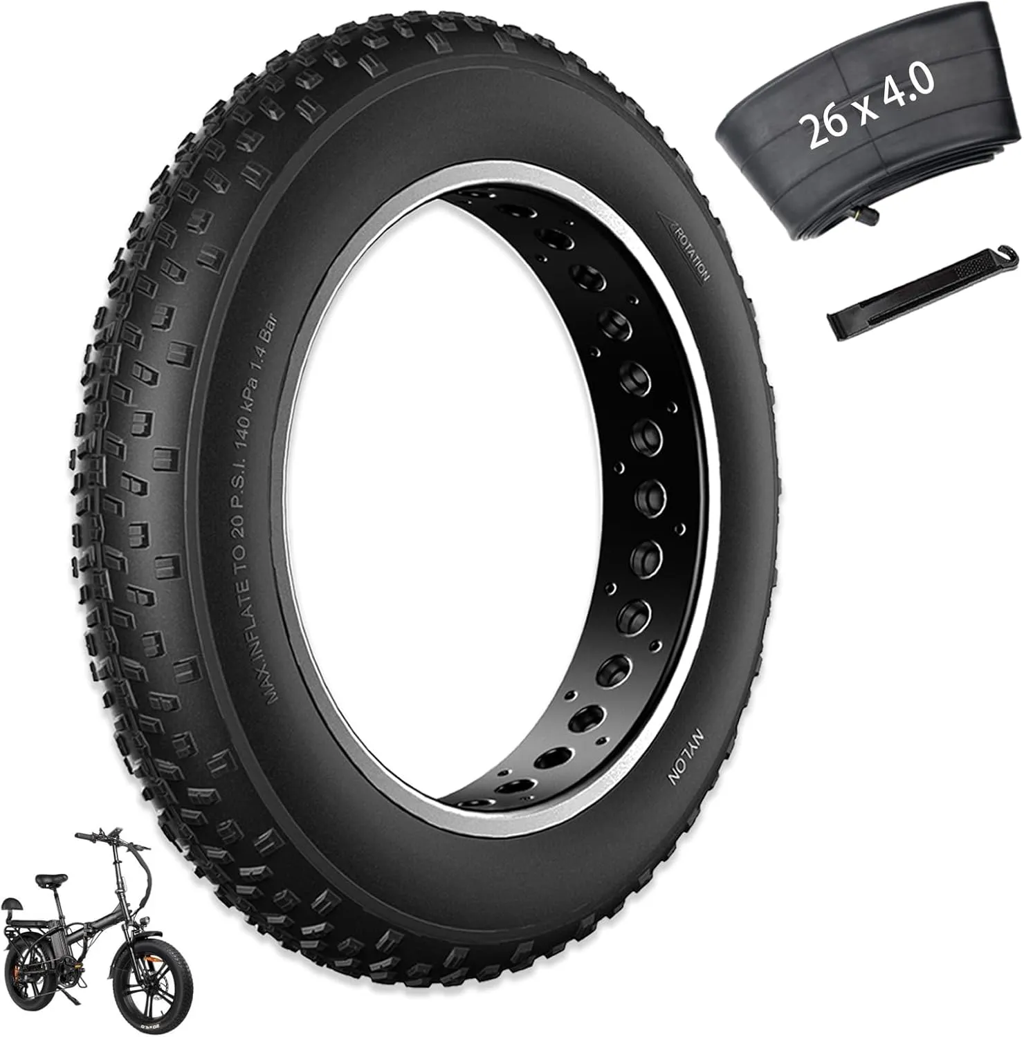20x4 /26x4 Fat Bike Tire Replacement Kit, 20x4.0 /26x4.0 Inch Electric Bicycle Snow Mountain E-Bike Tires, Folding Ebike Fat Tire Tubes and Tire Levers Compatible Wide Mountain Snow Bike Tires