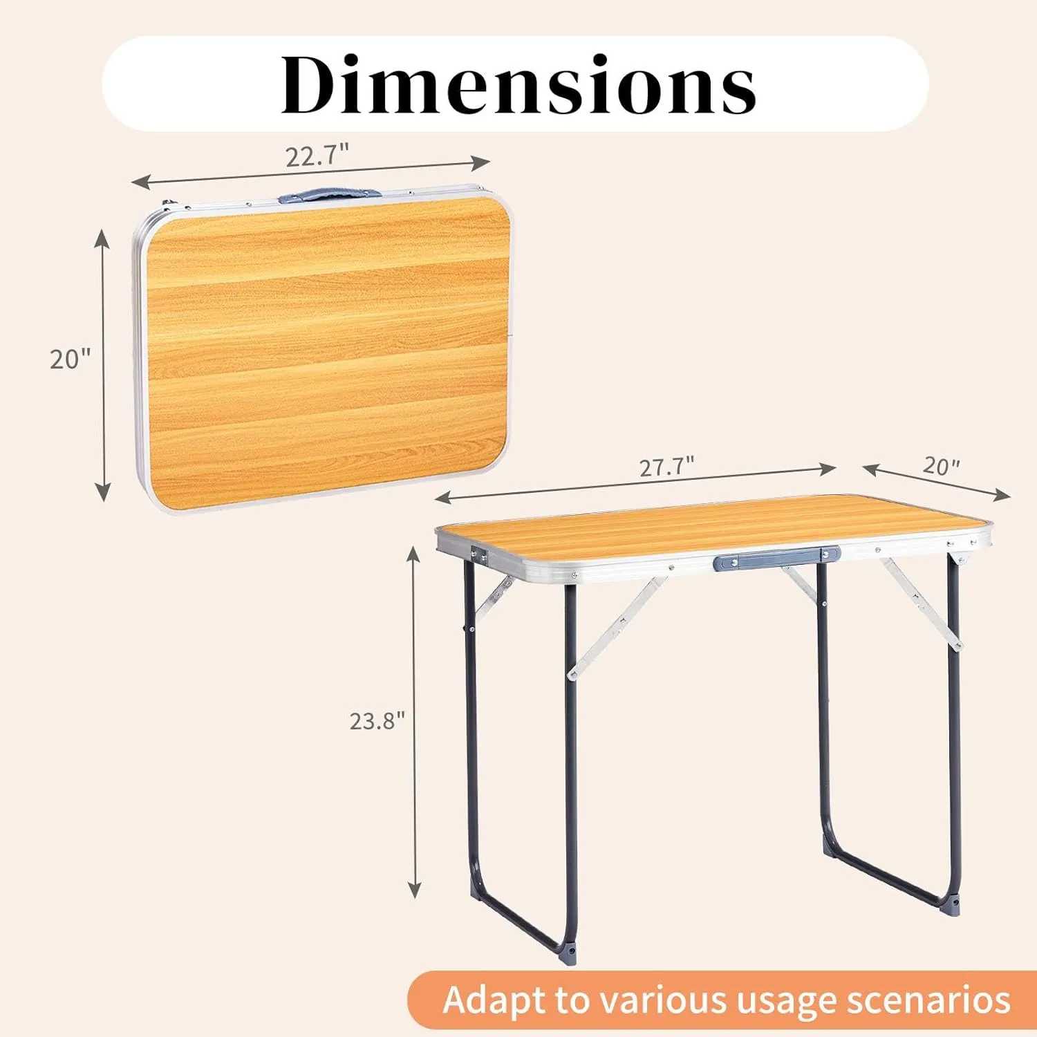 2.3' Folding Camping Table, Outdoor Lightweight Fold-in-Half Table, Portable Utility Patio Tables with Carry Handle Aluminum Beach Picnic Tables for Patio Party Garden Kitchen (Wood Grain Color)
