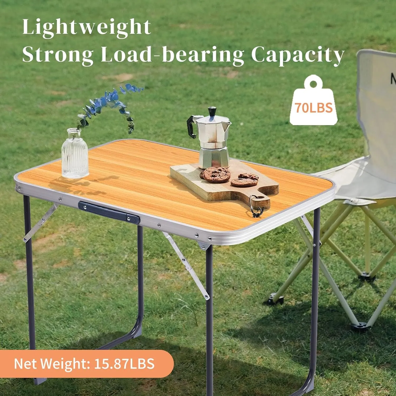 2.3' Folding Camping Table, Outdoor Lightweight Fold-in-Half Table, Portable Utility Patio Tables with Carry Handle Aluminum Beach Picnic Tables for Patio Party Garden Kitchen (Wood Grain Color)
