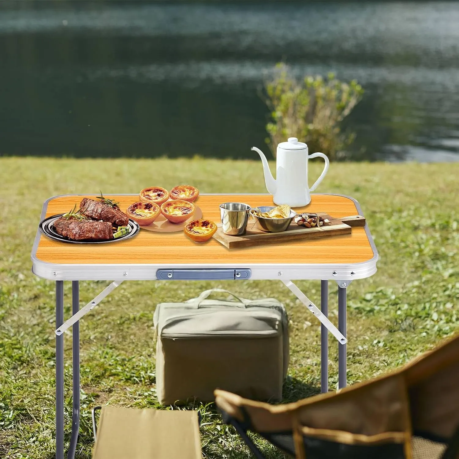 2.3' Folding Camping Table, Outdoor Lightweight Fold-in-Half Table, Portable Utility Patio Tables with Carry Handle Aluminum Beach Picnic Tables for Patio Party Garden Kitchen (Wood Grain Color)