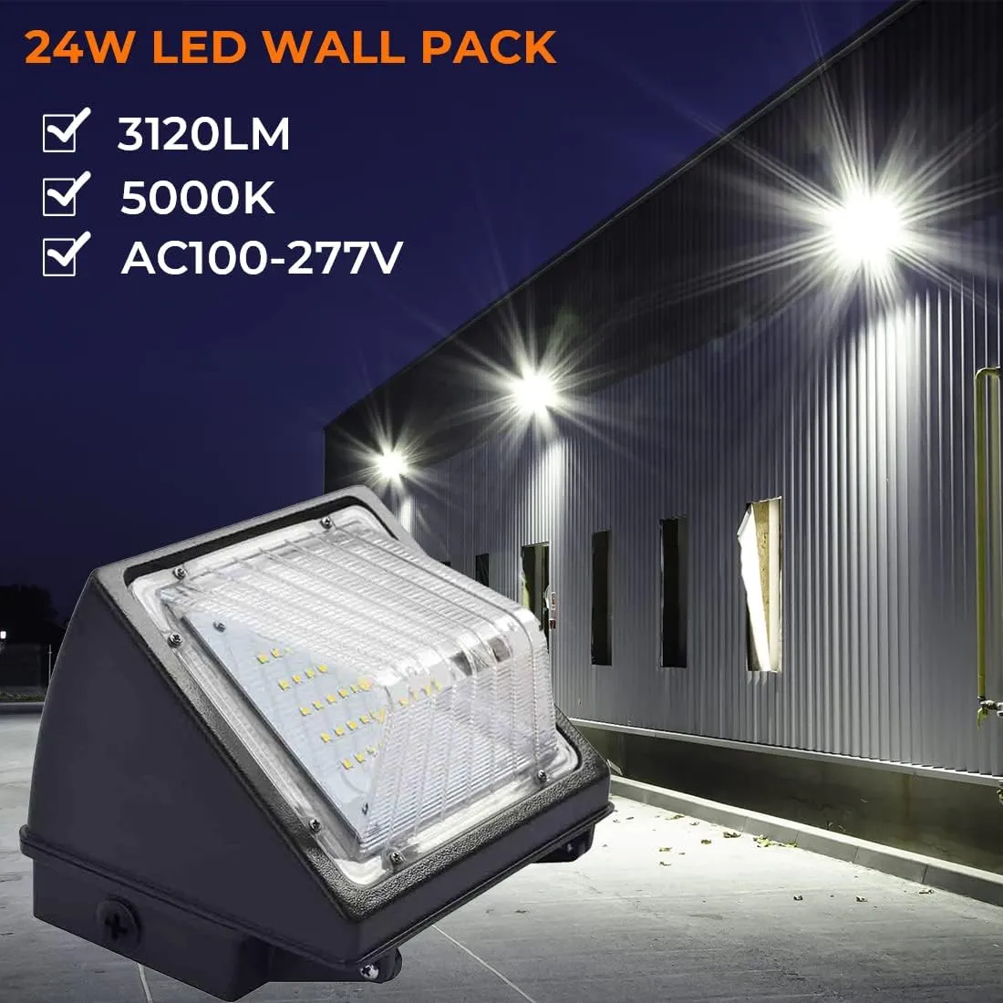 24W LED Wall Pack Light, Commercial and Industrial Outdoor Pathway Lighting, IP65 Waterproof LED Exterior Light, 3120 Lumens, 200-250W HPS/HID Replacement, 5000K Daylight A ETL & DLC Listed