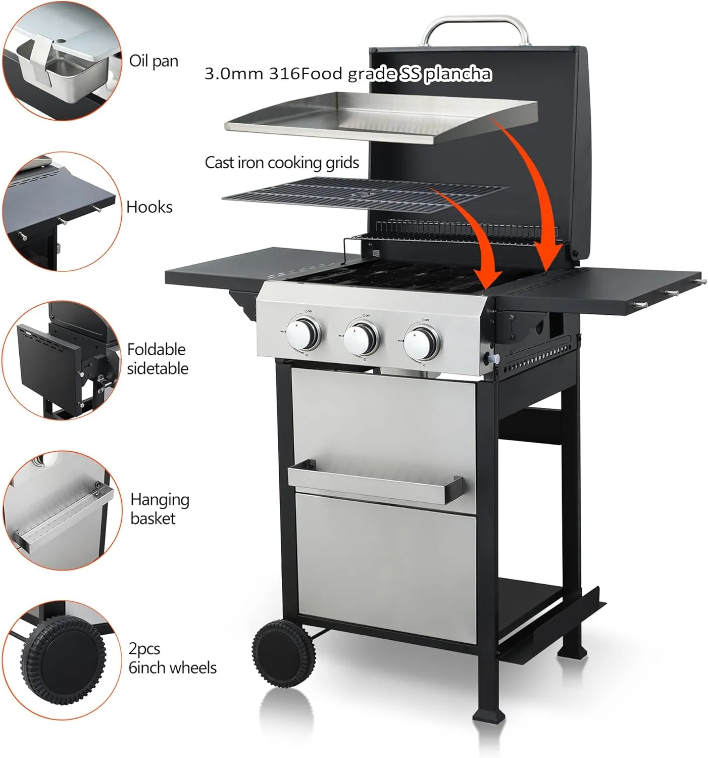 3-Burner 2 in 1 Propane Gas BBQ Grill w/Enameled Cast Iron Grids and Stainless Steel Plancha,Outdoor Griddle Grill Combo for Cooking Kitchen and Garden Patio Backyard Barbecue