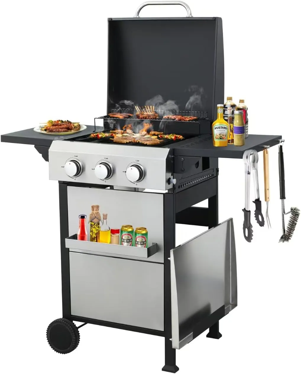 3-Burner 2 in 1 Propane Gas BBQ Grill w/Enameled Cast Iron Grids and Stainless Steel Plancha,Outdoor Griddle Grill Combo for Cooking Kitchen and Garden Patio Backyard Barbecue