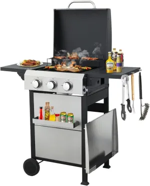 3-Burner 2 in 1 Propane Gas BBQ Grill w/Enameled Cast Iron Grids and Stainless Steel Plancha,Outdoor Griddle Grill Combo for Cooking Kitchen and Garden Patio Backyard Barbecue