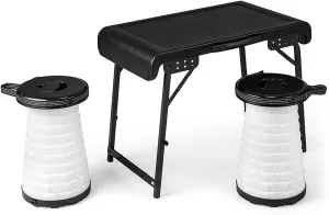 3-Piece Folding Camping Table and Stool Set with LED Lights, Adjustable Height, Portable Outdoor Picnic Gear for Camping, Beach, BBQ, Fishing
