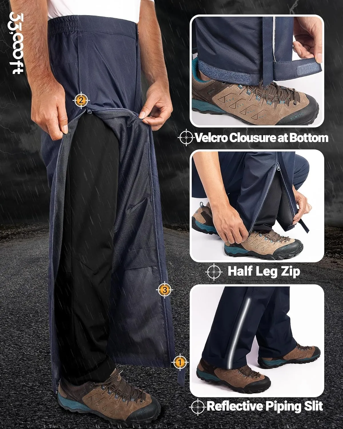 33,000ft Men's Rain Pants Full Zip Waterproof Pants Breathable Rain Over Trousers for Outdoor Hiking Golf Work