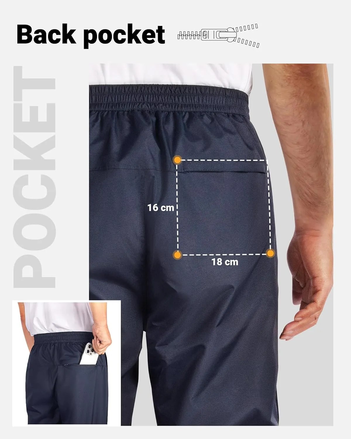 33,000ft Men's Rain Pants Full Zip Waterproof Pants Breathable Rain Over Trousers for Outdoor Hiking Golf Work