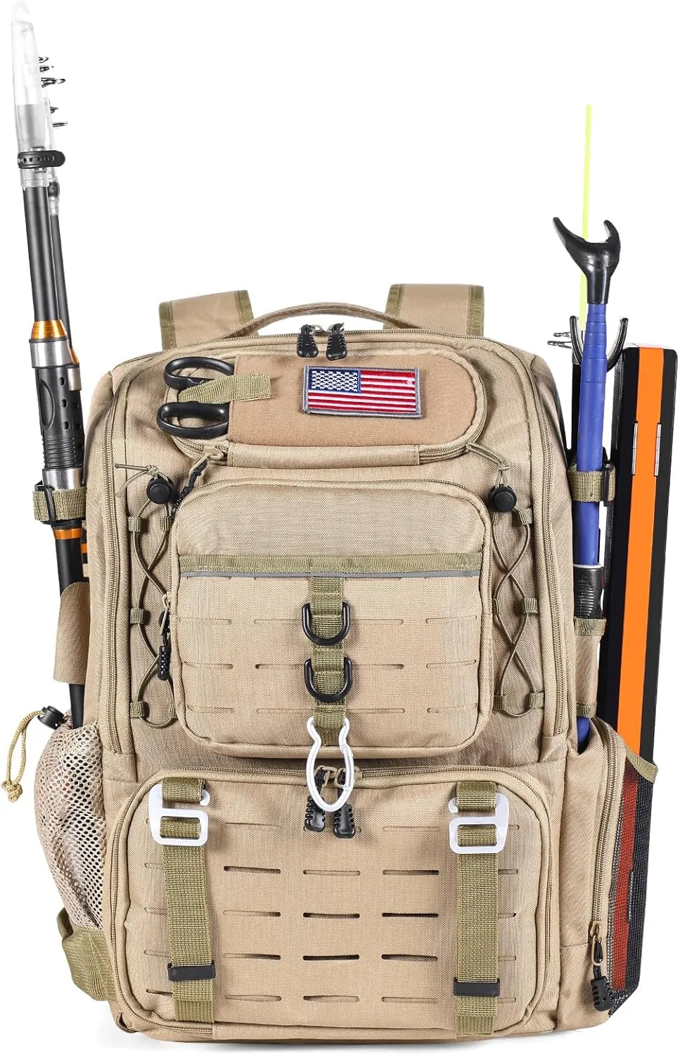 37L Fishing Tackle Backpack with Rod Strap, Insulated Outdoor Tackle Bag with Protective Rain Cover, Brown