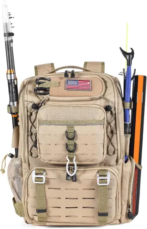 37L Fishing Tackle Backpack with Rod Strap, Insulated Outdoor Tackle Bag with Protective Rain Cover, Brown