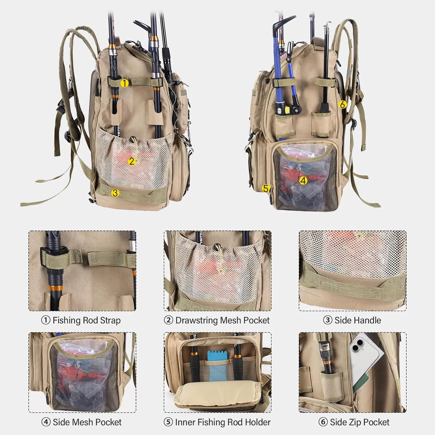 37L Fishing Tackle Backpack with Rod Strap, Insulated Outdoor Tackle Bag with Protective Rain Cover, Brown